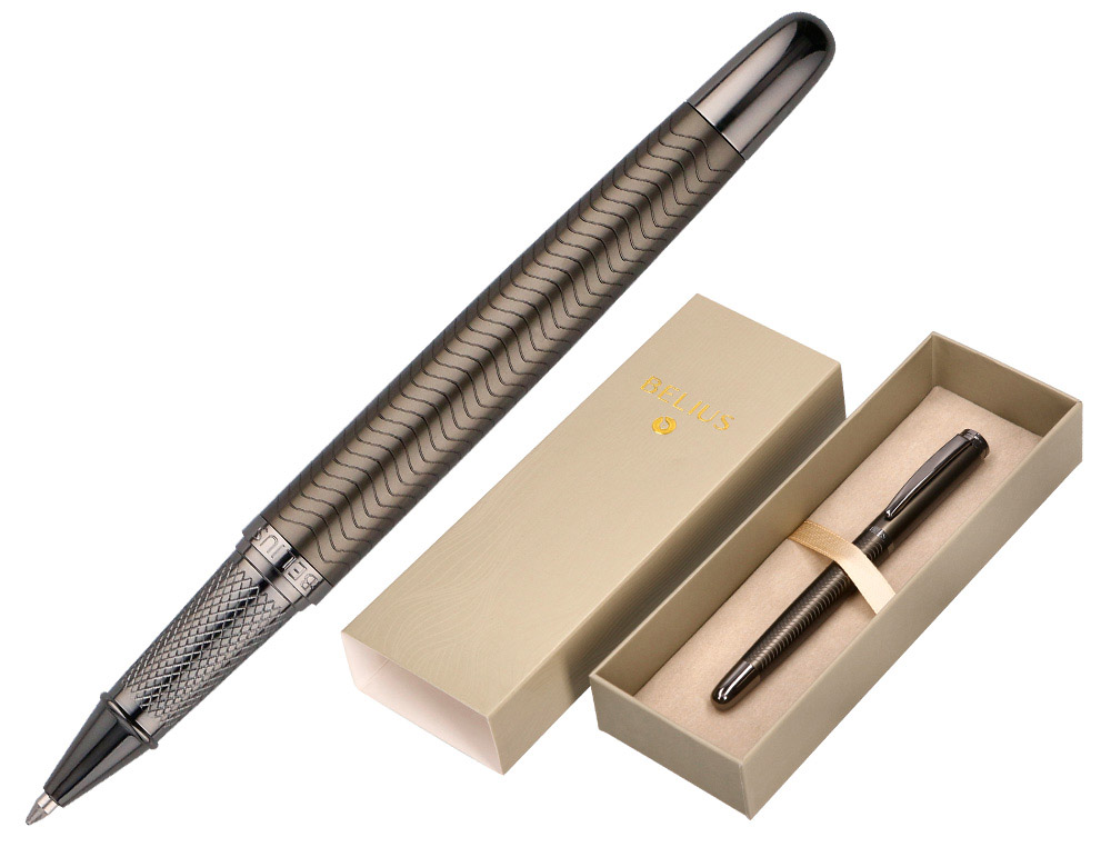 Boligrafo belius neptuno aluminio textura wavy color caqui tinta azul caja de diseño