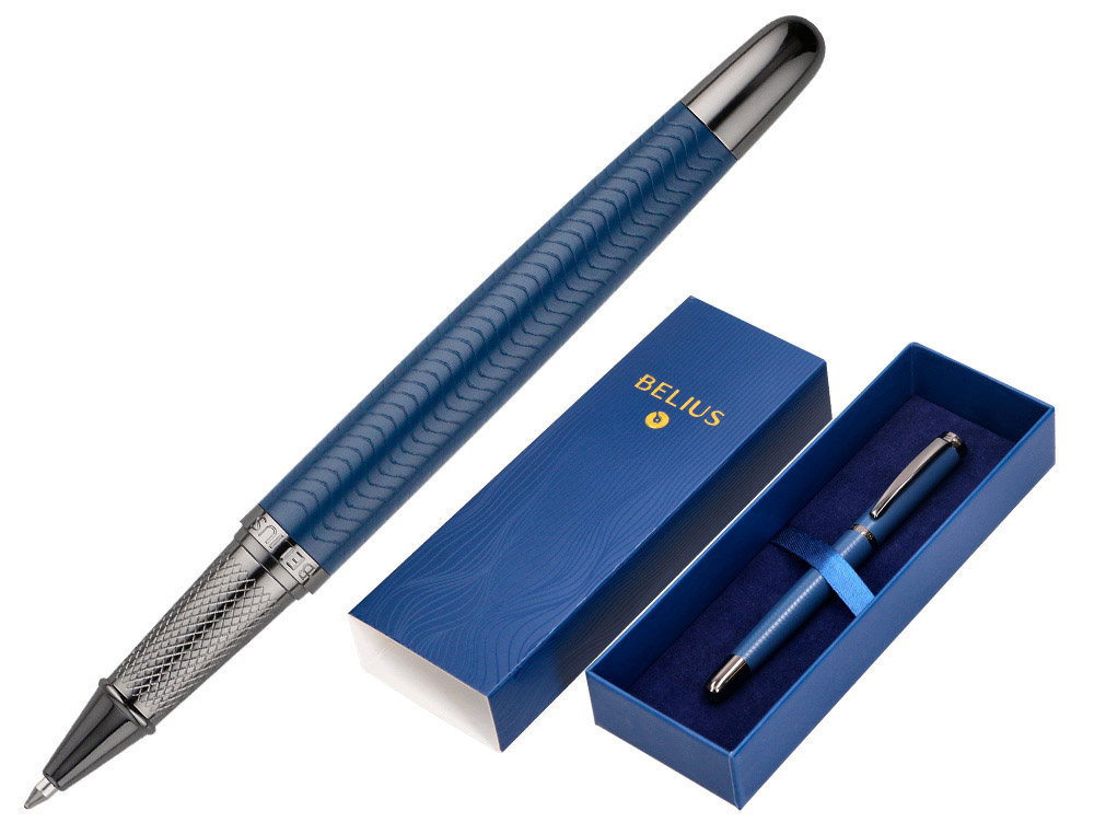 Boligrafo belius neptuno aluminio textura wavy color azul marino tinta azul caja de diseño