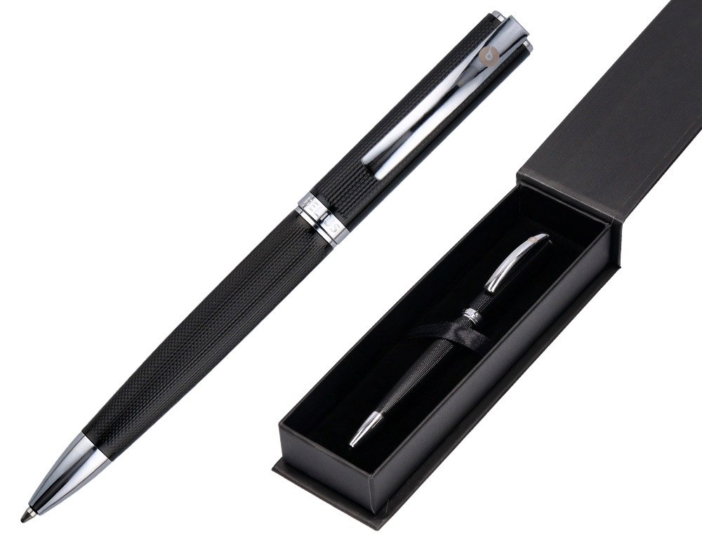 Boligrafo belius turbo aluminio textura punteada color negro y plateado tinta azul caja de diseño