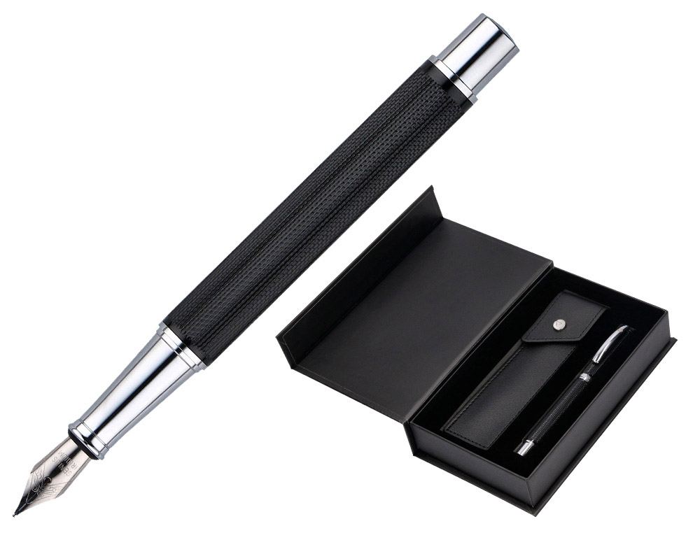 Pluma y estuche belius turbo aluminio textura punteada color negro y plateado tinta azul caja de diseño