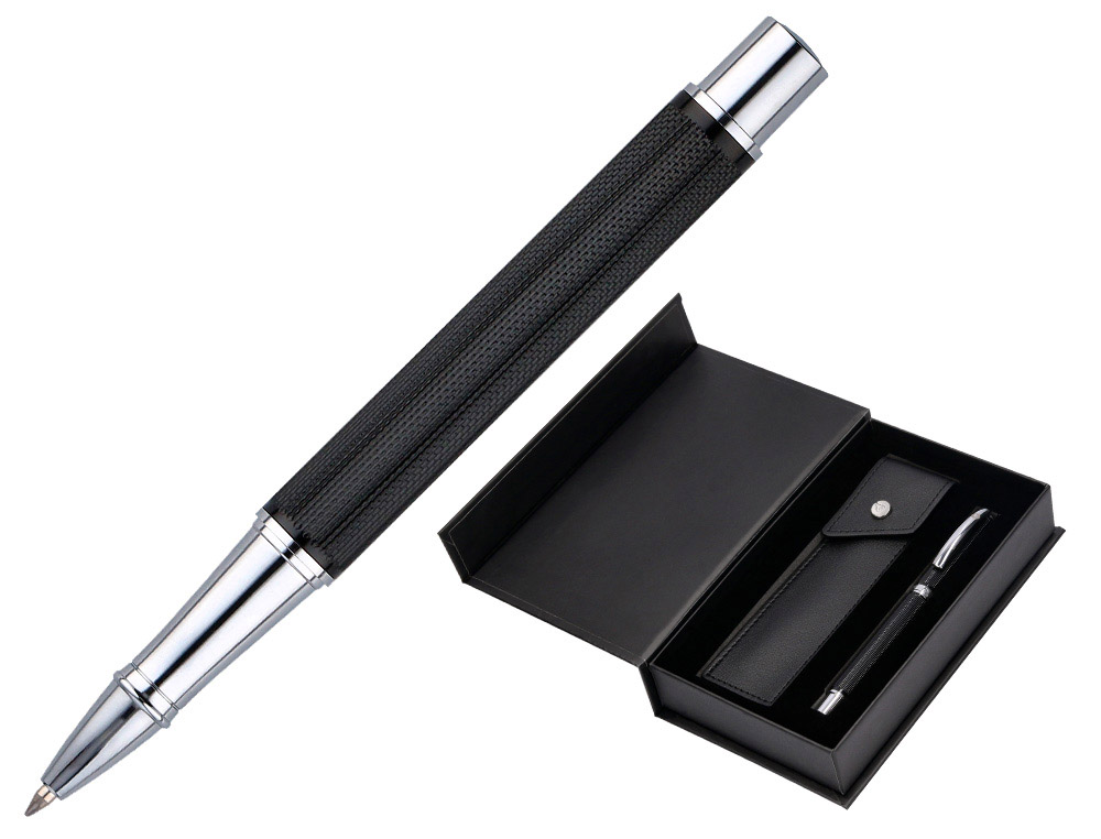 Roller y estuche belius turbo aluminio textura punteada negro plateado tinta azul caja de diseño