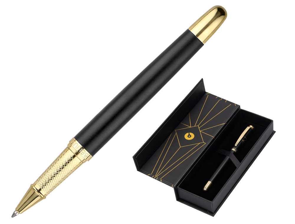 Boligrafo belius soiree aluminio color art deco negro y dorado tinta azul caja de diseño