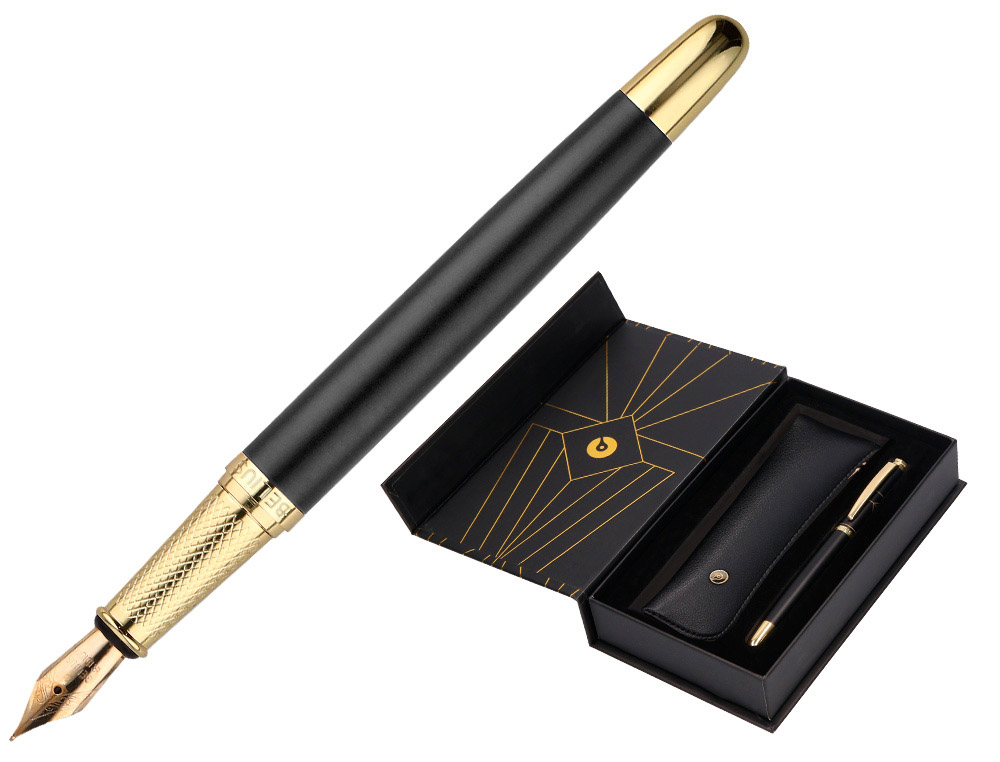 Pluma y estuche belius soiree color art deco negro y dorado tinta azul caja de diseño