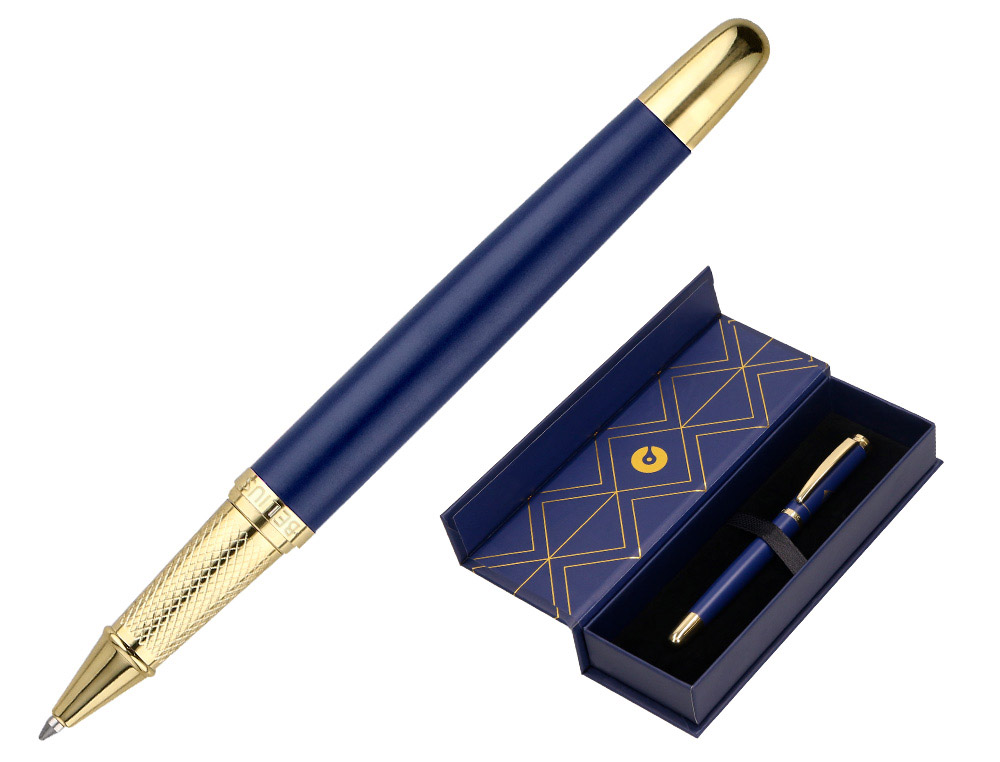 Boligrafo belius soiree aluminio color azul marino y dorado tinta azul caja de diseño