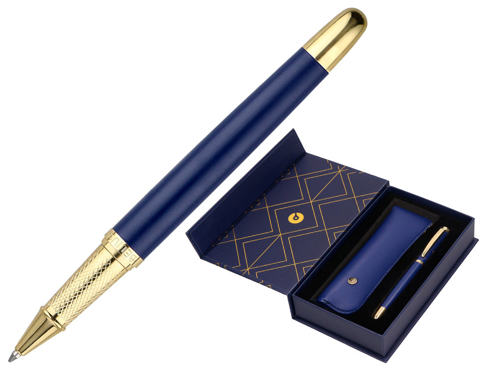 Boligrafo y estuche belius soiree color azul marino y dorado tinta azul caja de diseño