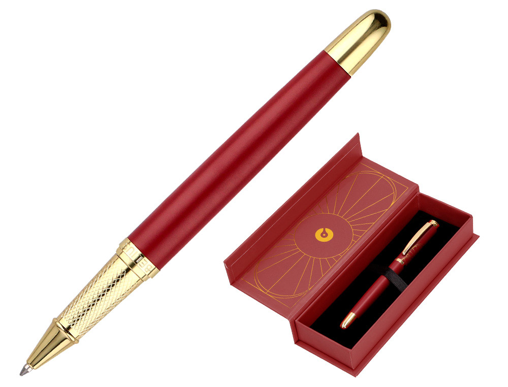 Boligrafo belius soiree aluminio color art deco granate y dorado tinta azul caja de diseño