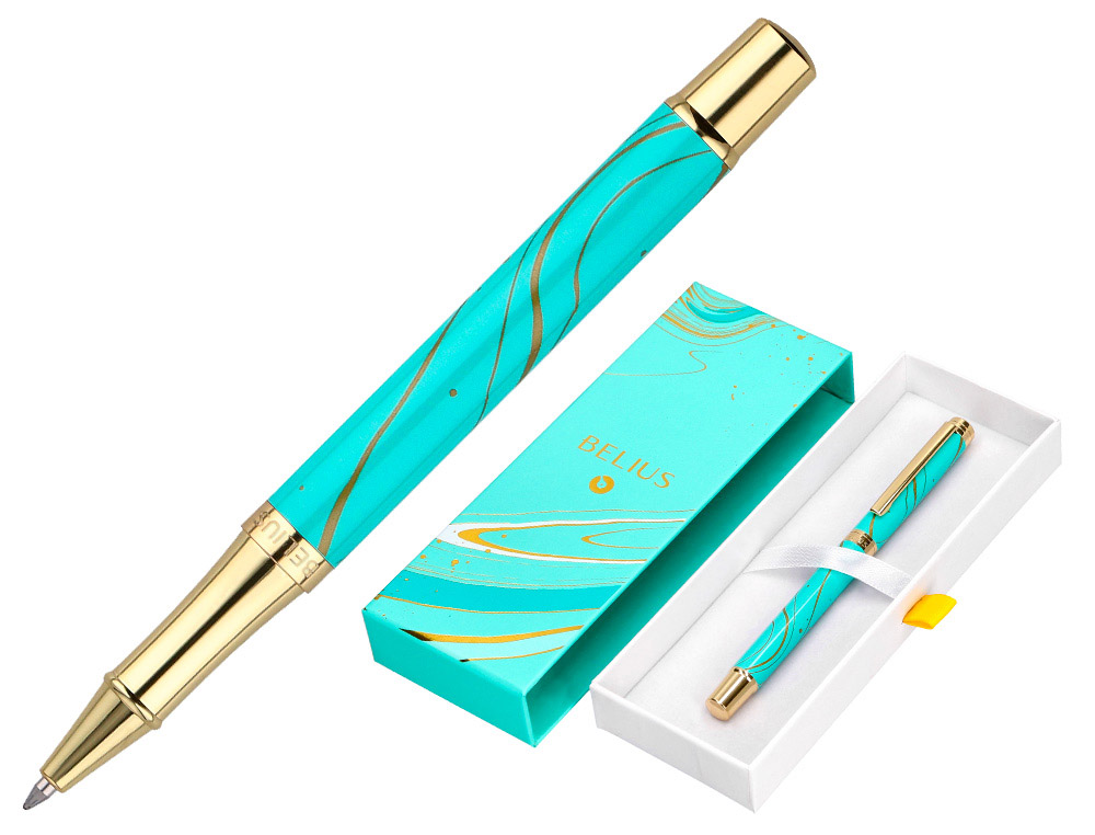 Roller belius aqua aluminio color turquesa y dorado tinta negra caja de diseño