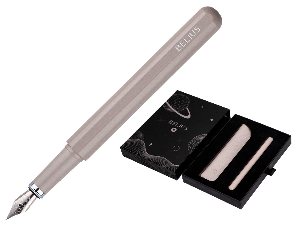 Pluma y funda de similpiel belius space b color minimalista gris tinta azul caja de diseño