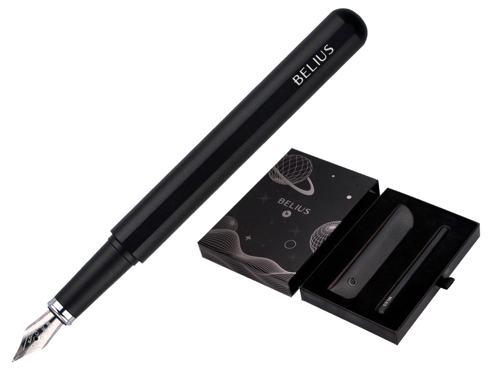 Pluma y funda de similpiel belius space b color minimalista negro tinta azul caja de diseño