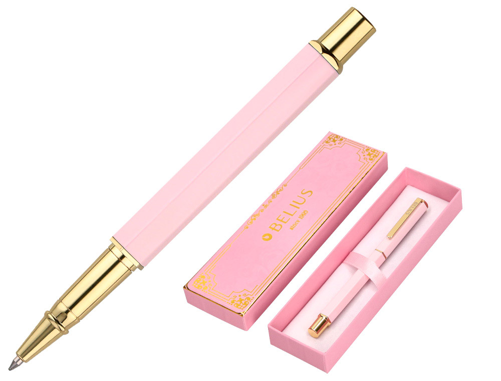 Boligrafo belius macaron bliss forma hexagonal color rosa y dorado tinta azul caja de diseño