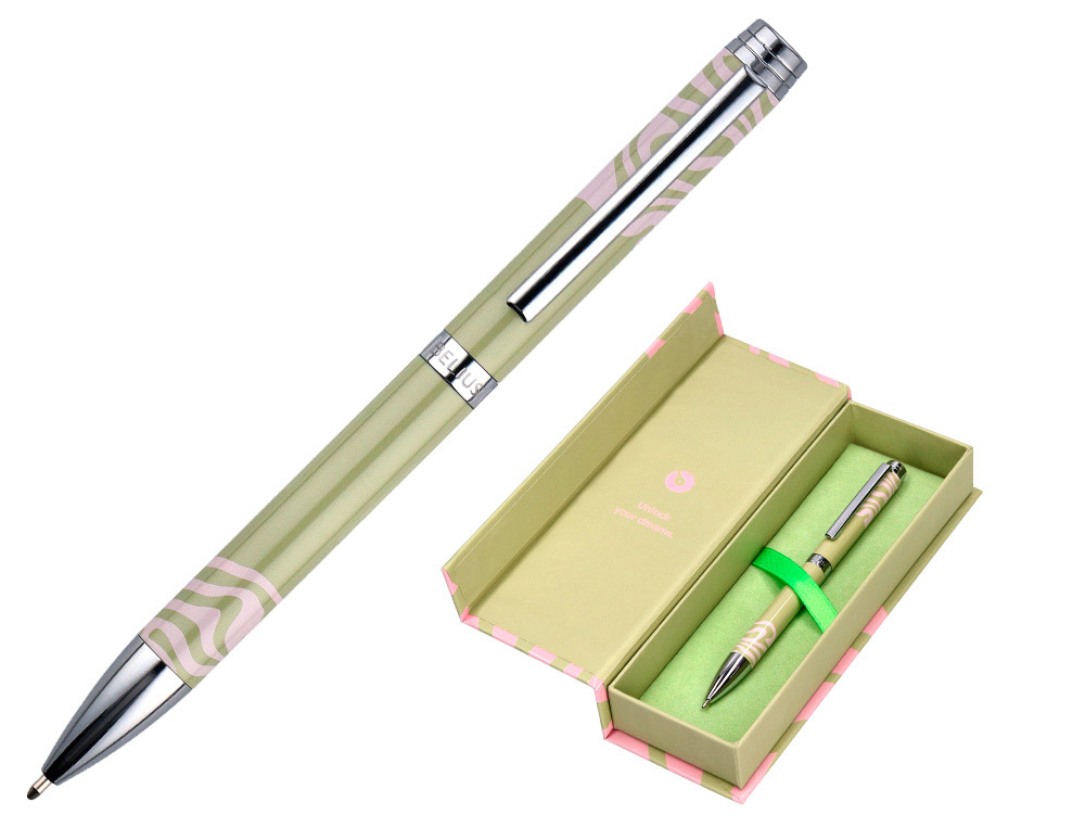 Boligrafo belius ink dreams aluminio color verde matcha y rosa plateado frase interior tinta azul caja de diseño
