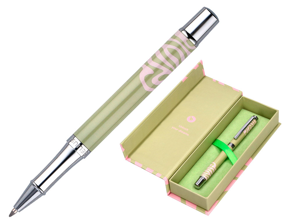 Roller belius ink dreams aluminio color verde matcha y rosa plateado frase interior tinta negra caja de diseño