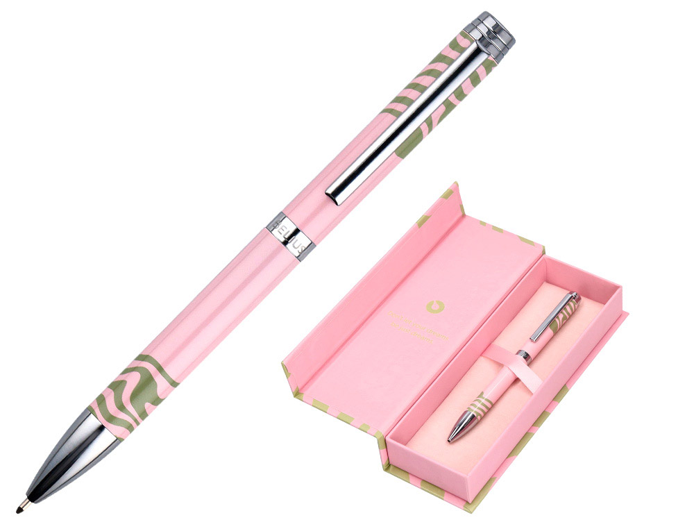 Boligrafo belius ink dreams aluminio color rosa y verde matcha plateado frase interior tinta azul caja de diseño