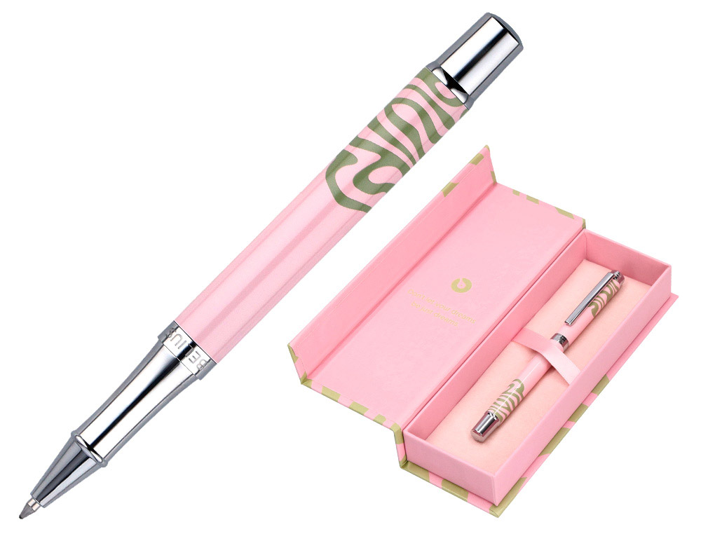 Roller belius ink dreams aluminio color rosa y verde matcha plateado frase interior tinta negra caja de diseño