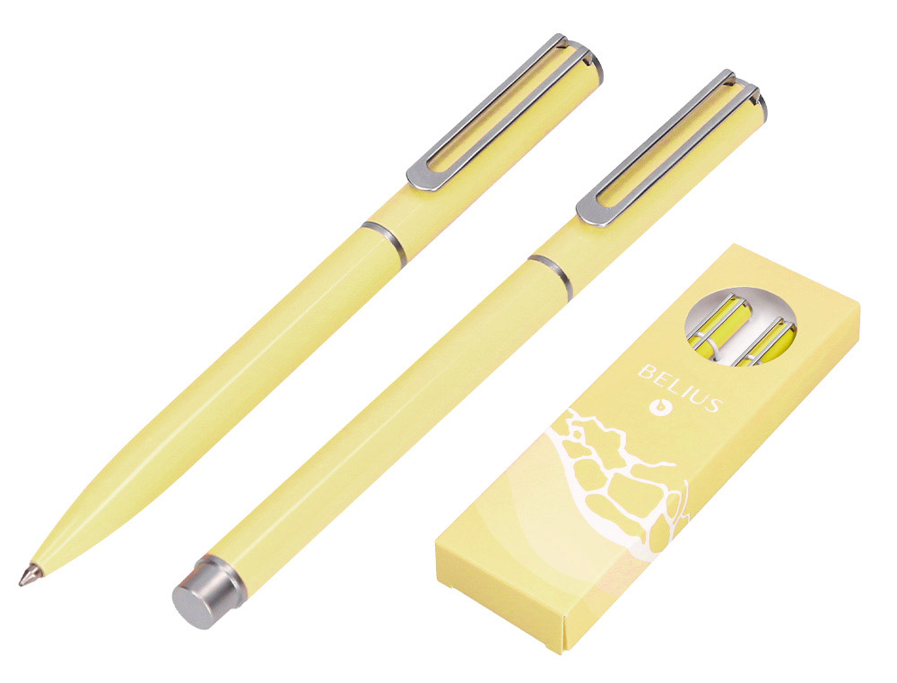 Juego boligrafo y roller belius endless summer aluminio color amarillo y plateado tinta azul caja de diseño
