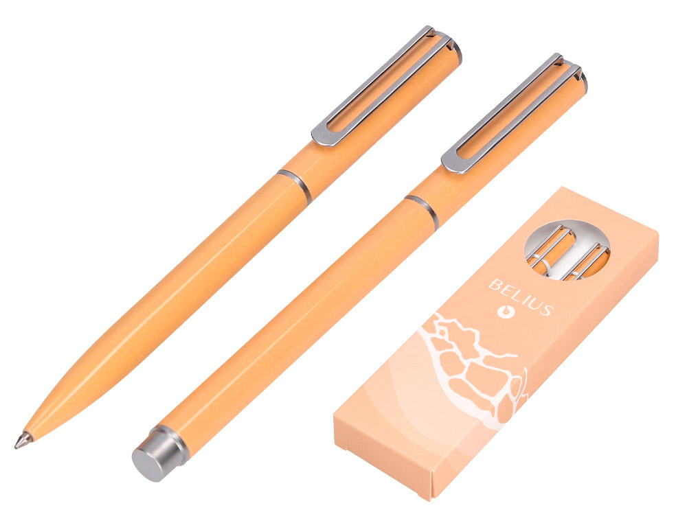 Juego boligrafo y roller belius endless summer aluminio color naranja y plateado tinta azul caja de diseño