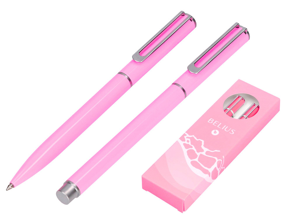 Juego boligrafo y roller belius endless summer aluminio color rosa y plateado tinta azul caja de diseño