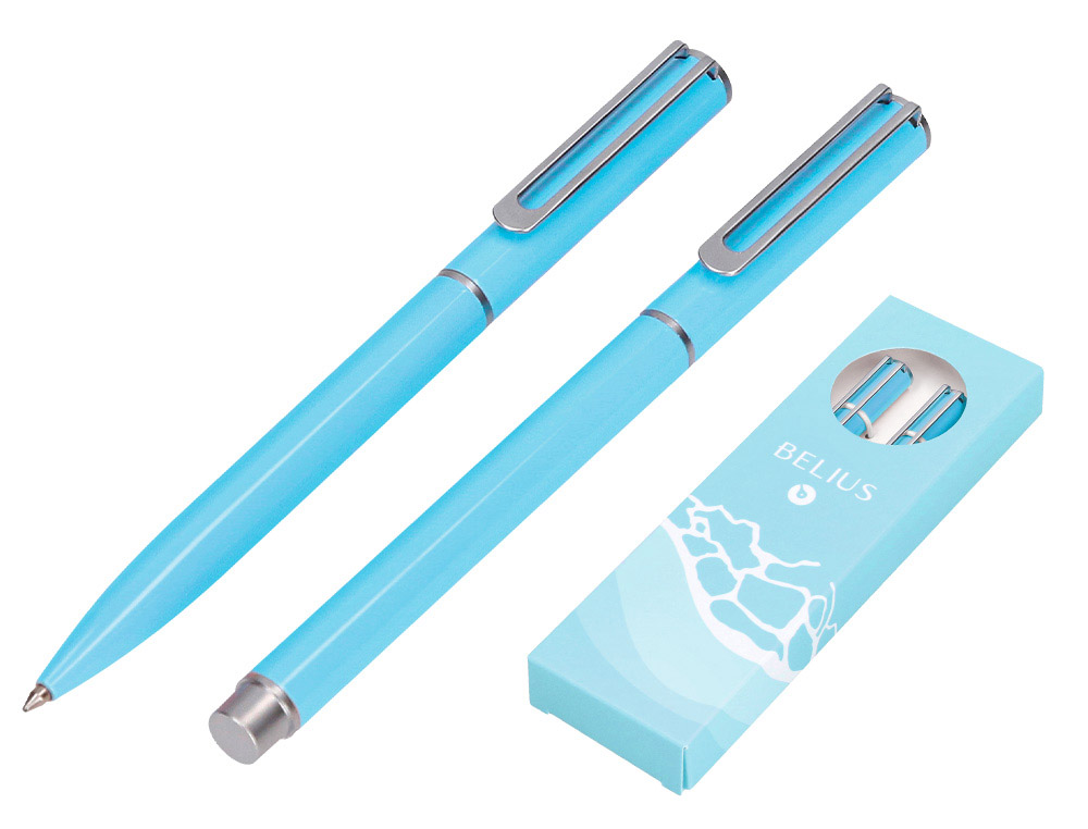 Juego boligrafo y roller belius endless summer aluminio color celeste y plateado tinta azul caja de diseño