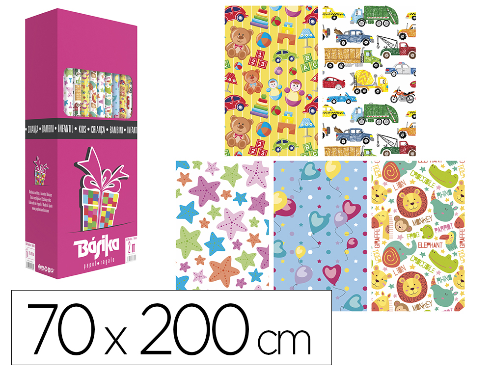 Papel de regalo basika infantil rollo ancho 70 cm longitud 2 m diseños surtidos gramaje 60 gr