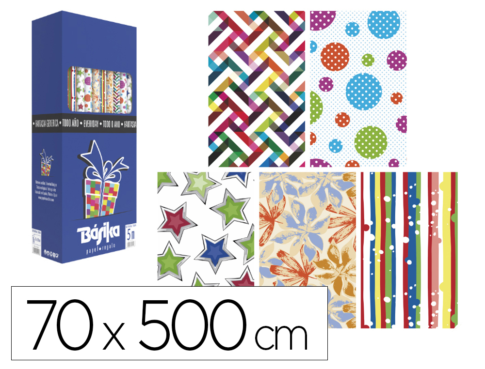 Papel de regalo basika todo año rollo ancho 70 cm longitud 5 m modelos surtidos gramaje 50 gr