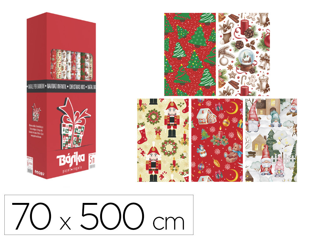Papel de regalo basika navidad rollo ancho 70 cm longitud 5 m diseños surtidos gramaje 50 gr