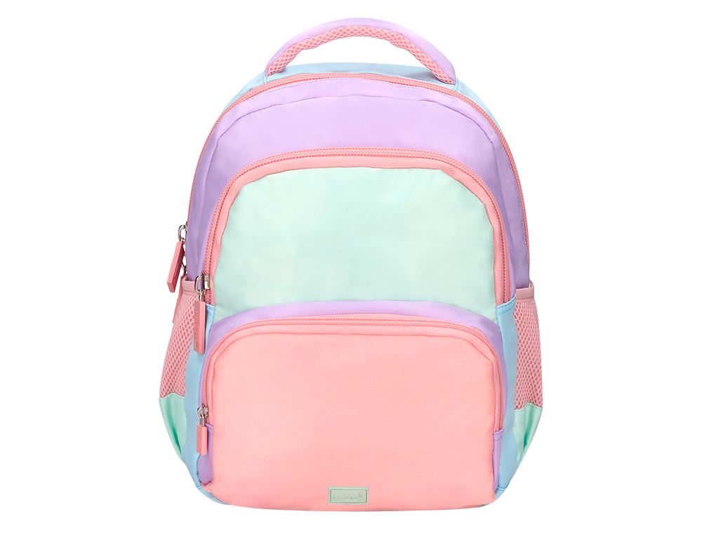 Mochila escolar liderpapel multibolsillo infantil azul rosa morado 350x110x270 mm
