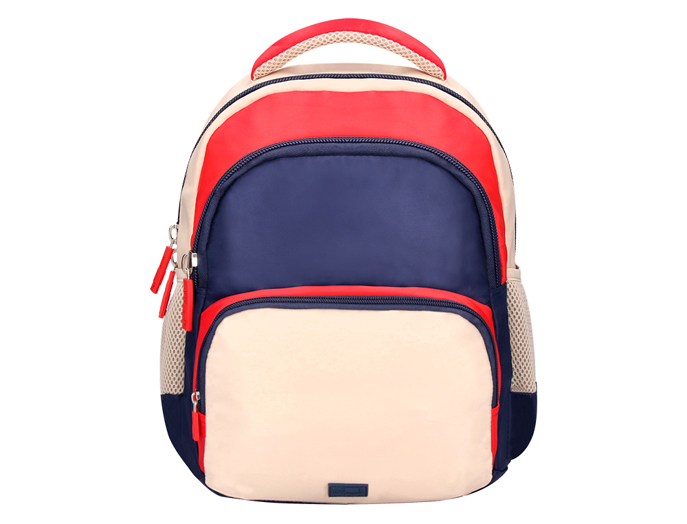 Mochila escolar liderpapel multibolsillo infantil azul marino rojo beige 350x110x270 mm