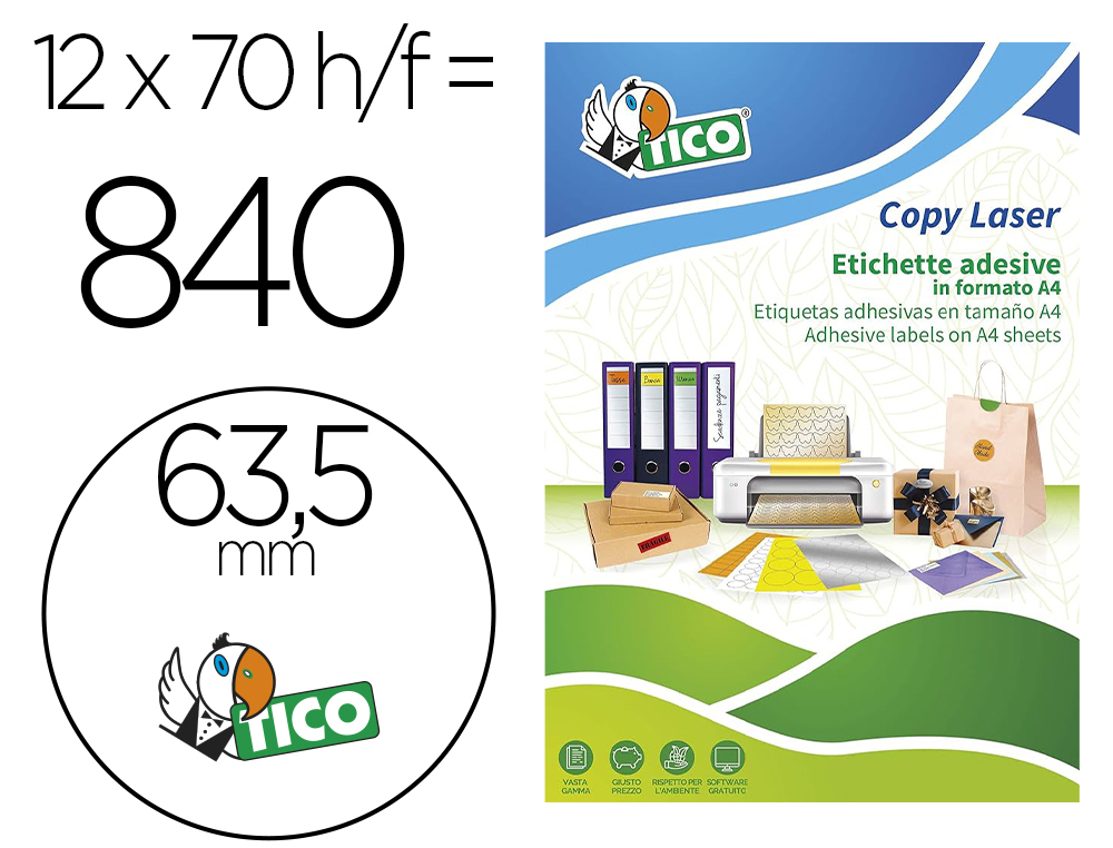 Etiqueta adhesiva tico amarill o fluorescentes permanente fsclaser/inkjet/fotocopia redonda63,5 mm caja de 840 unidades
