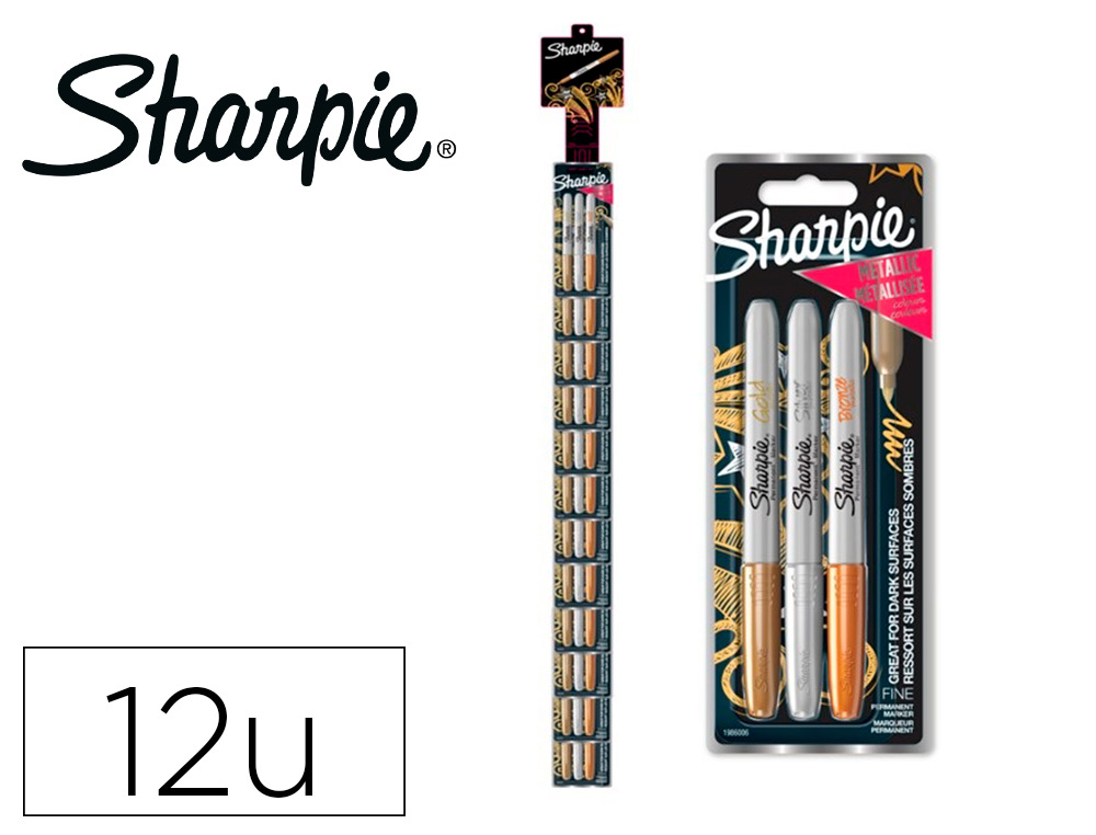 Rotulador sharpie permanente fino metalico blister de 3 unidades oro/plata/bronce clipstrip de 12 blister