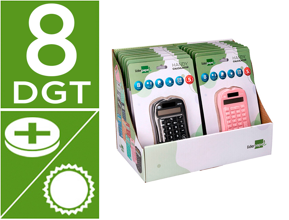 Calculadora liderpapel bolsillo xf44 8 digitos solar y pilas 94x59,5x10,5mm coloresnegro verde rosa exp de 16