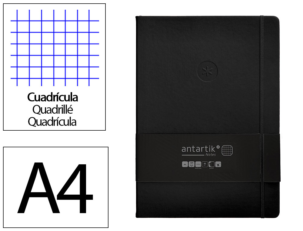 Cuaderno con gomilla antartik notes tapa dura a4 hojas cuadricula negro 100 hojas 80 gr fsc