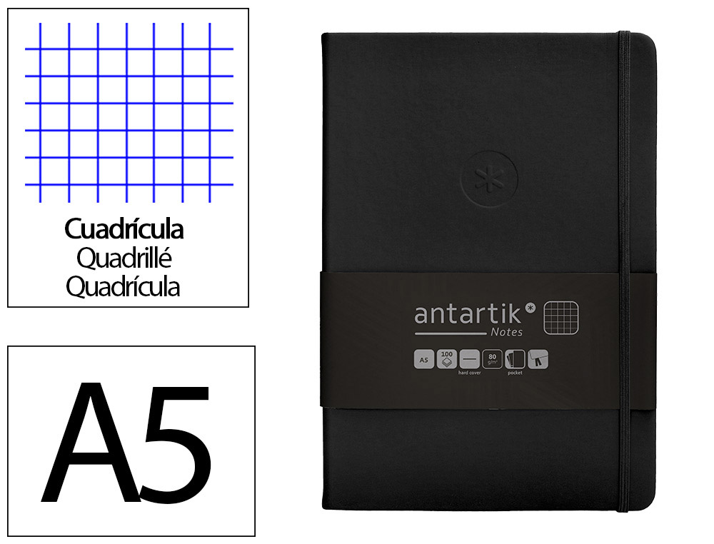 Cuaderno con gomilla antartik notes tapa dura a5 hojas cuadricula negro 100 hojas 80 gr fsc