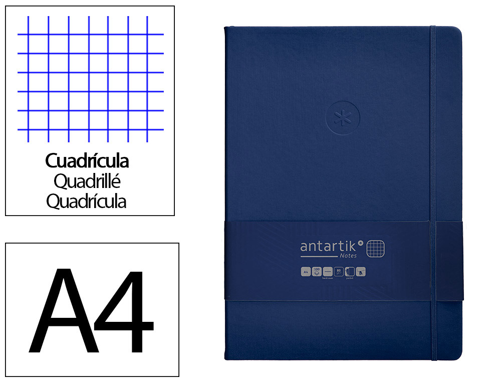 Cuaderno con gomilla antartik notes tapa dura a4 hojas cuadricula azul marino 100 hojas 80 gr fsc