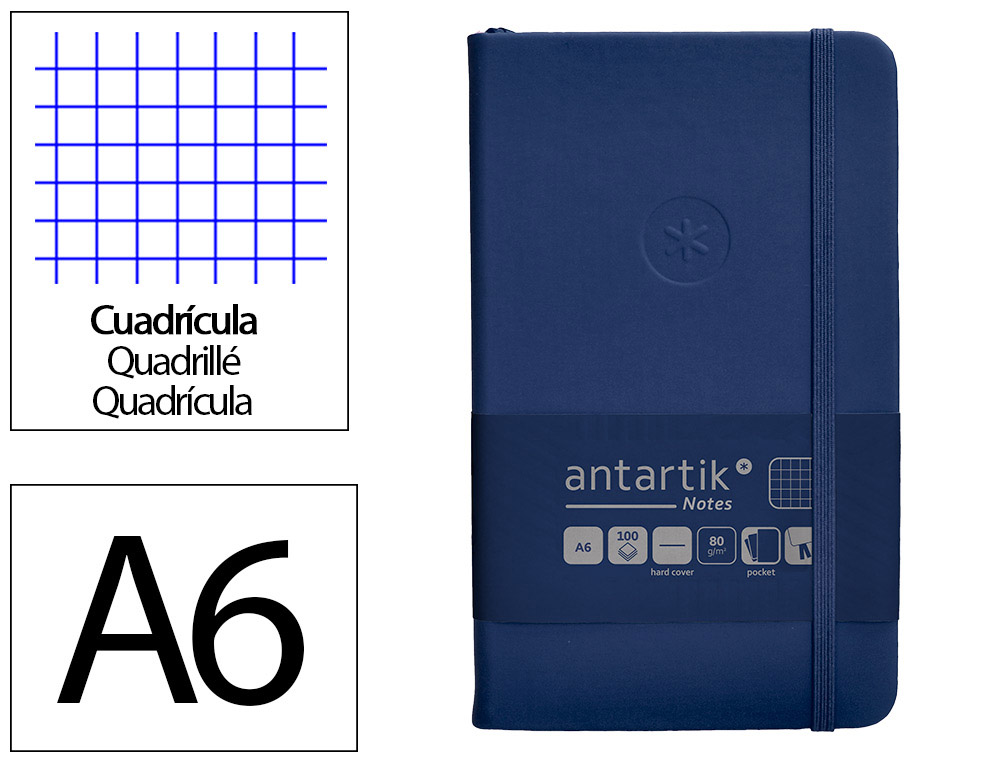 Cuaderno con gomilla antartik notes tapa dura a6 hojas cuadricula azul marino 100 hojas 80 gr fsc