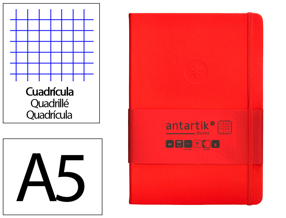 Cuaderno con gomilla antartik notes tapa dura a5 hojas cuadricula rojo 100 hojas 80 gr fsc
