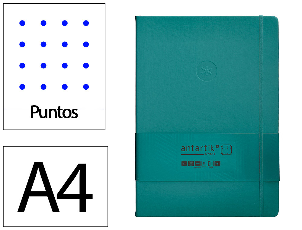 Cuaderno con gomilla antartik notes tapa dura a4 hojas puntos verde aguamarina 100 hojas 80 gr fsc