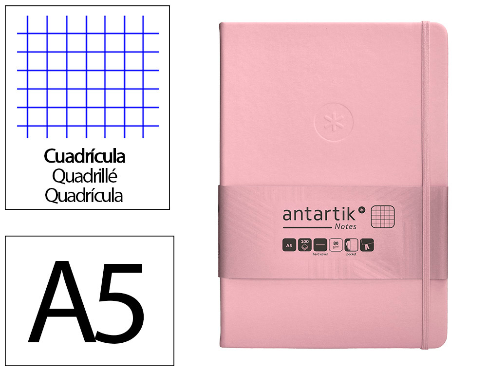 Cuaderno con gomilla antartik notes tapa dura a5 hojas cuadricula rosa pastel 100 hojas 80 gr fsc