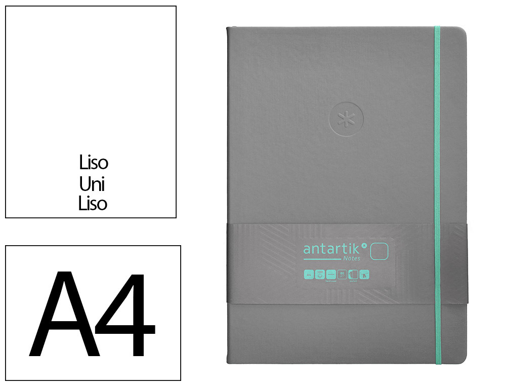 Cuaderno con gomilla antartik notes tapa dura a4 hojas lisas gris y turquesa 100 hojas 80 gr fsc