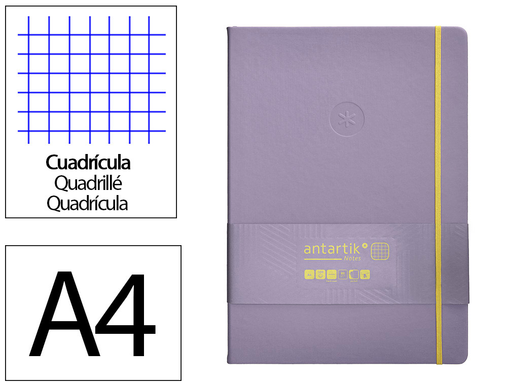 Cuaderno con gomilla antartik notes tapa dura a4 hojas cuadricula morado y amarillo 100 hojas 80 gr fsc