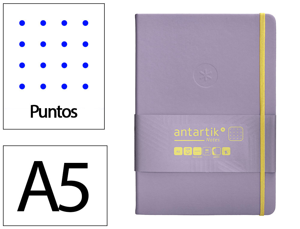 Cuaderno con gomilla antartik notes tapa dura a5 hojas puntos morado y amarillo 100 hojas 80 gr fsc
