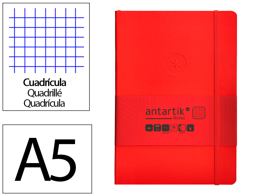 Cuaderno con gomilla antartik notes tapa blanda a5 hojas cuadricula rojo 80 hojas 80 gr fsc
