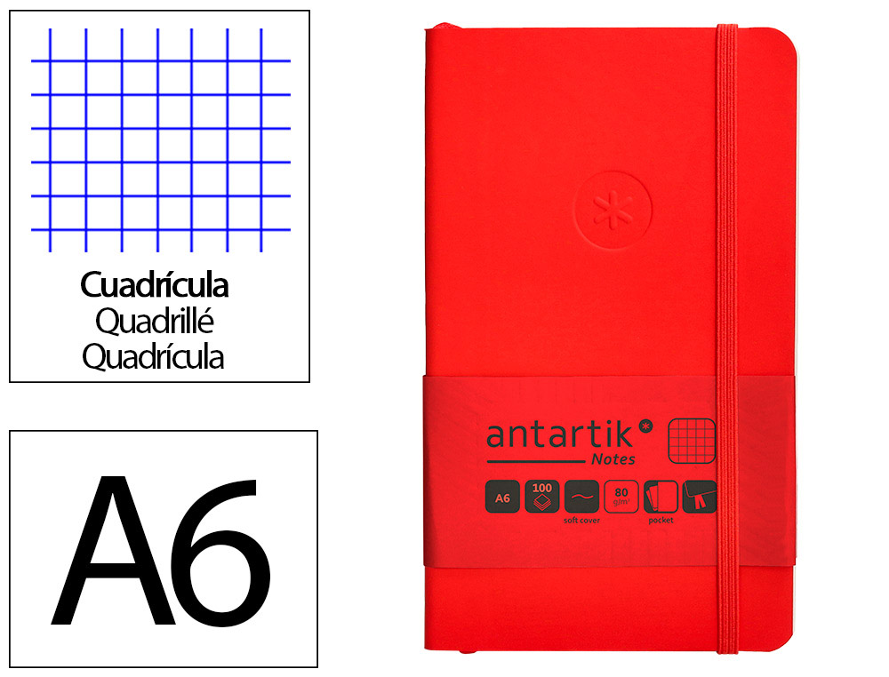Cuaderno con gomilla antartik notes tapa blanda a6 cuadricula rojo 100 hojas 80 gr fsc