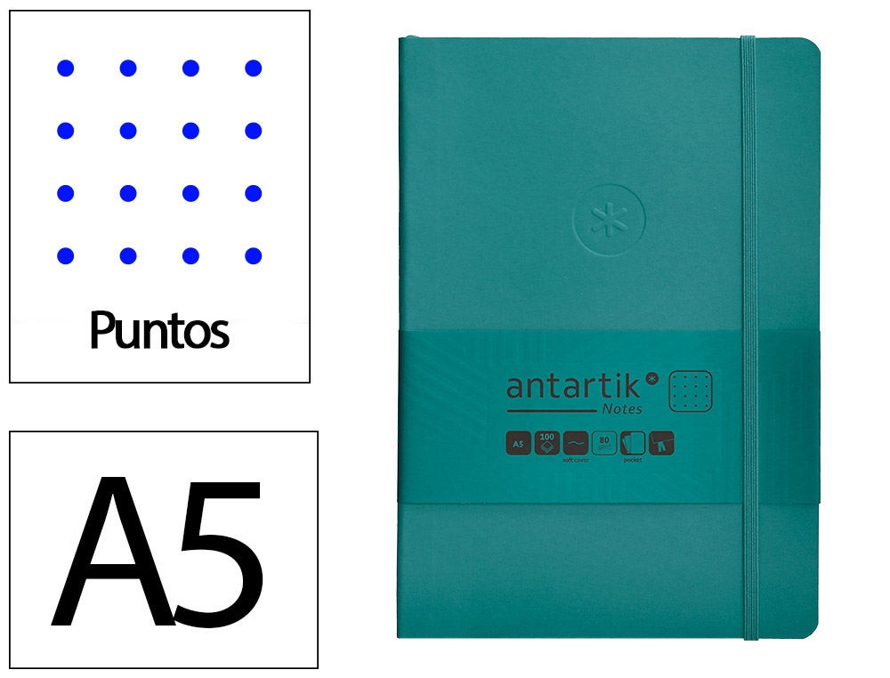 Cuaderno con gomilla antartik notes tapa blanda a5 hojas puntos verde aguamarina 80 hojas 80 gr fsc