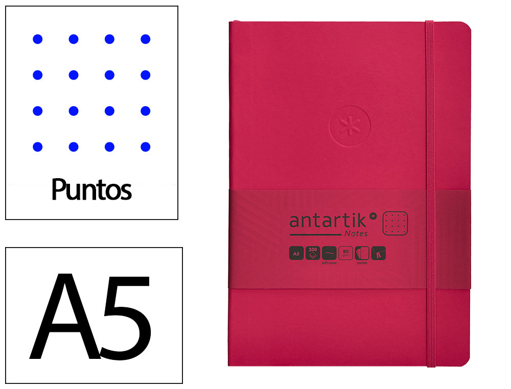 Cuaderno con gomilla antartik notes tapa blanda a5 hojas puntos burdeos 80 hojas 80 gr fsc