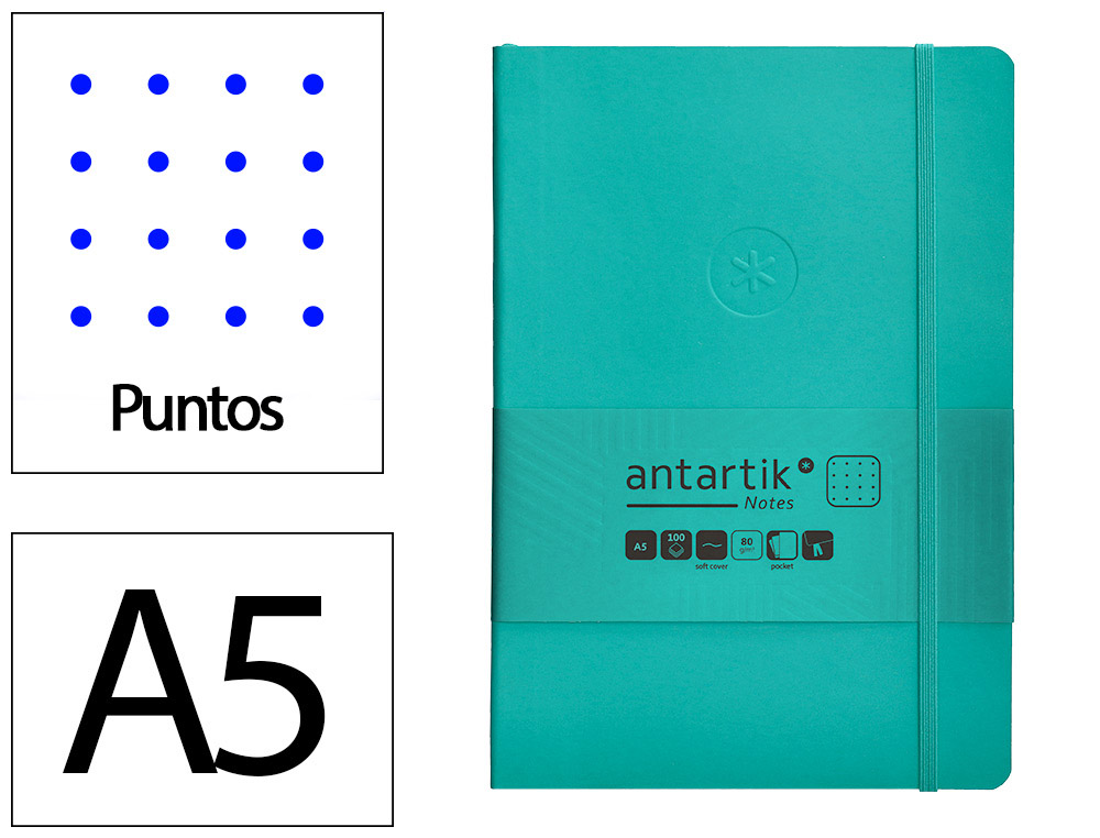 Cuaderno con gomilla antartik notes tapa blanda a5 hojas puntos turquesa 80 hojas 80 gr fsc