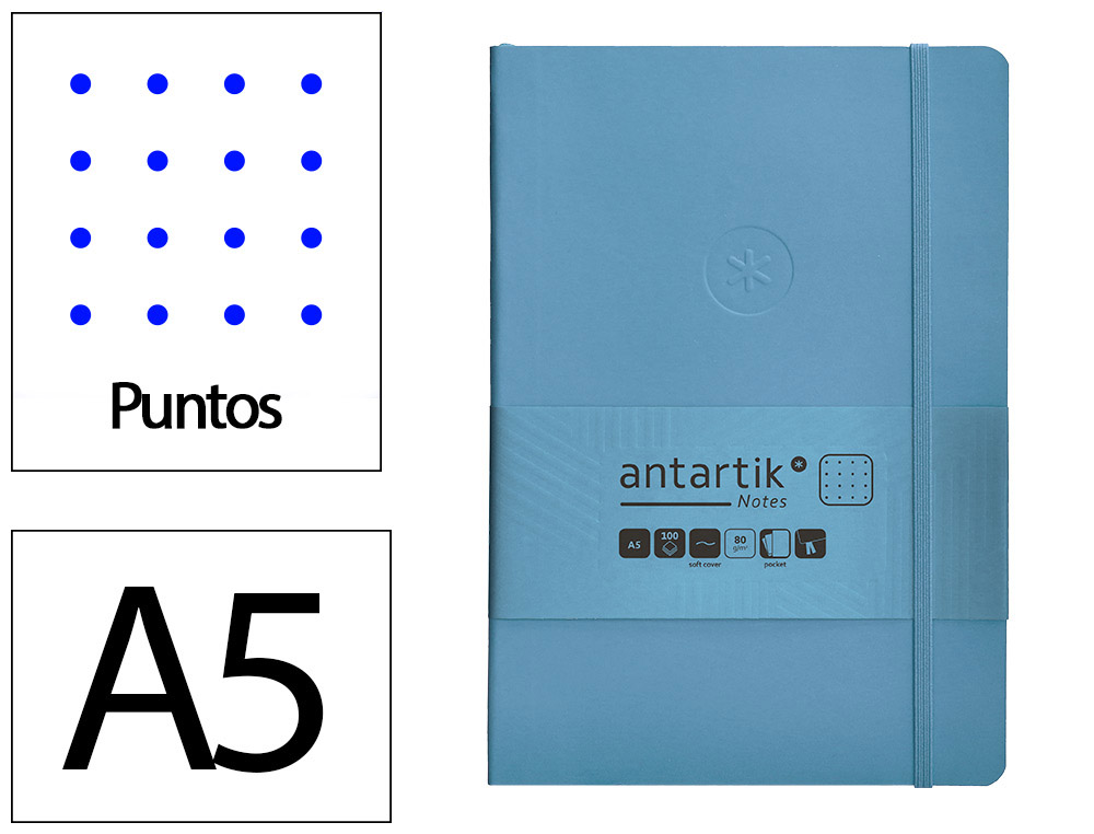 Cuaderno con gomilla antartik notes tapa blanda a5 hojas puntos azul claro 80 hojas 80 gr fsc