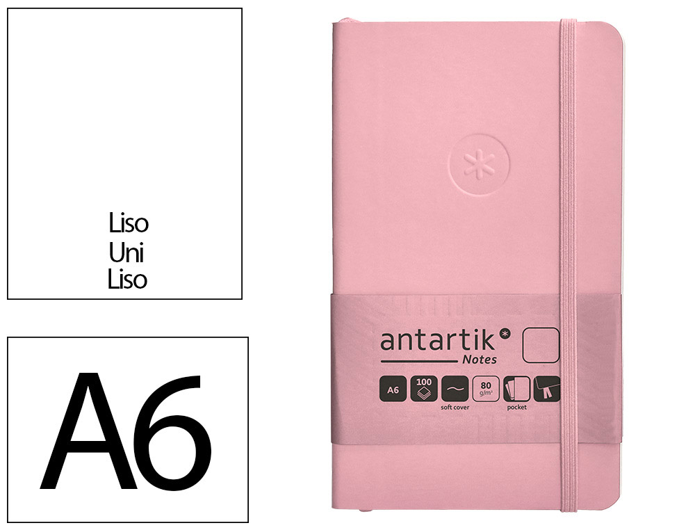 Cuaderno con gomilla antartik notes tapa blanda a6 hojas lisas rosa pastel 100 hojas 80 gr fsc