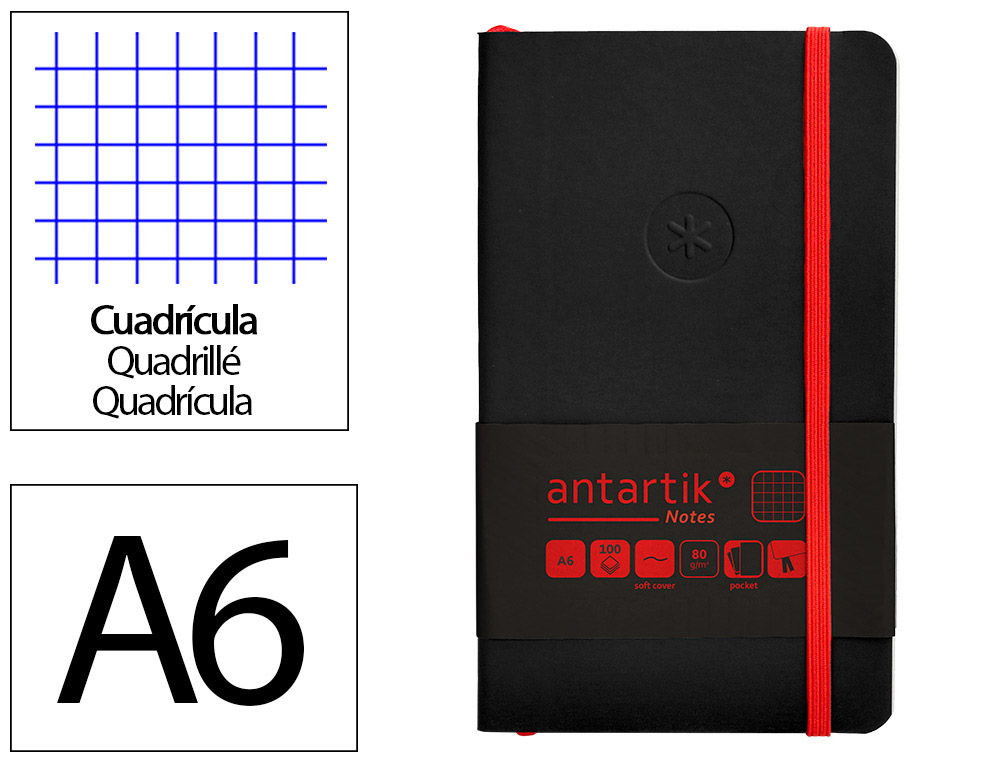 Cuaderno con gomilla antartik notes tapa blanda a6 cuadricula negro y rojo 100 hojas 80 gr fsc