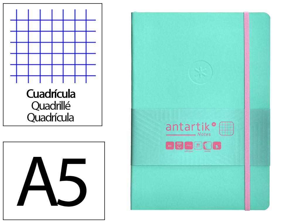 Cuaderno con gomilla antartik notes tapa blanda a5 hojas cuadricula rosa y turquesa 80 hojas 80 gr fsc