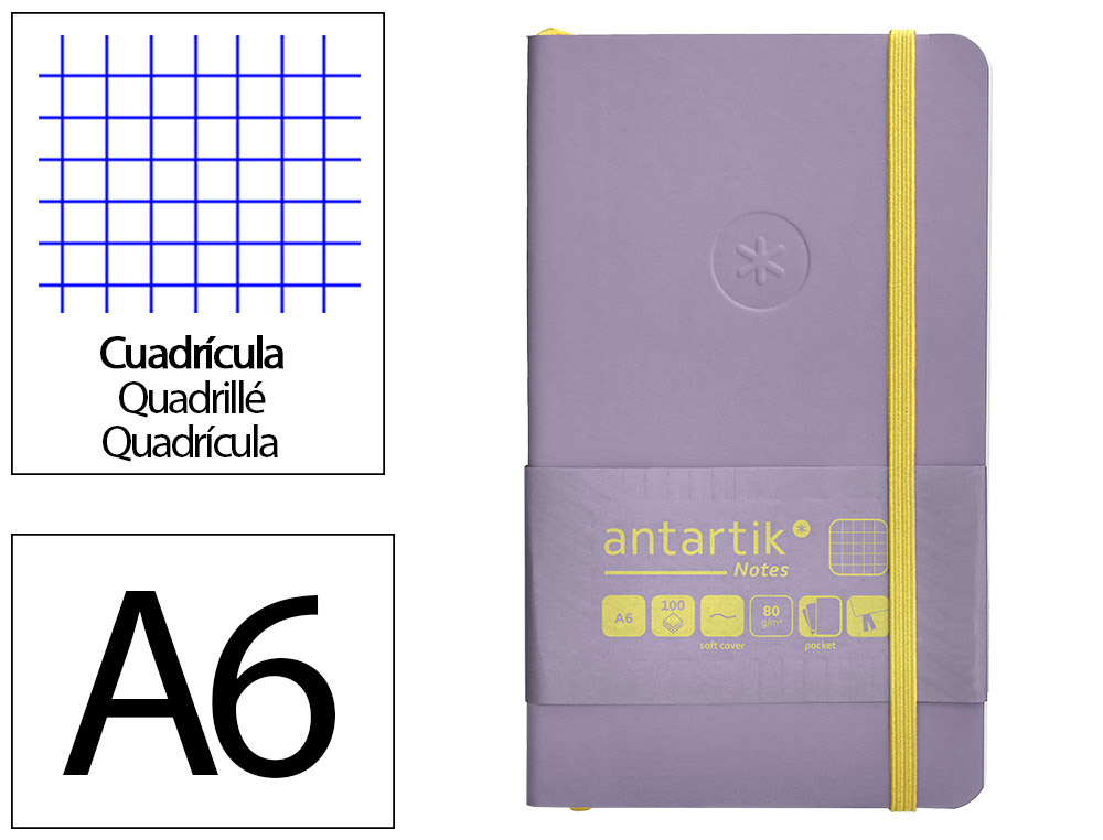 Cuaderno con gomilla antartik notes tapa blanda a6 cuadricula morado y amarillo 100 hojas 80 gr fsc